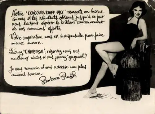 Litho Schauspielerin Barbara Rush, Concours Daff 1955, Reklame
