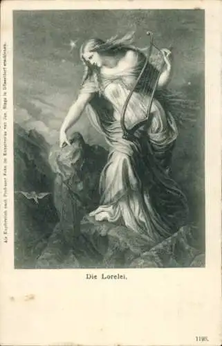 Litho St. Goarshausen am Rhein, Lorelei auf dem Loreleifelsen, Harfe