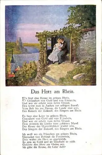 Künstler Ak Gedicht Das Herz am Rhein, Es liegt eine Krone im grünen Rhein...