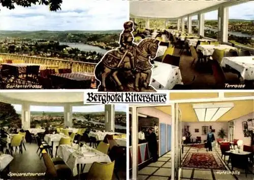 Ak Koblenz am Rhein, Berghotel Rittersturz, Gartenterrasse, Speiserestaurant, Hotelhalle