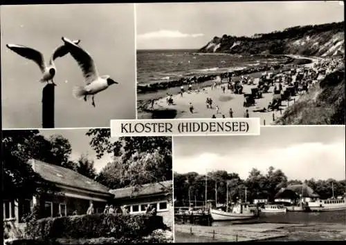 Ak Kloster Insel Hiddensee in der Ostsee, Gerhart Hauptmann Gedenkstätte, Hafen, Strand