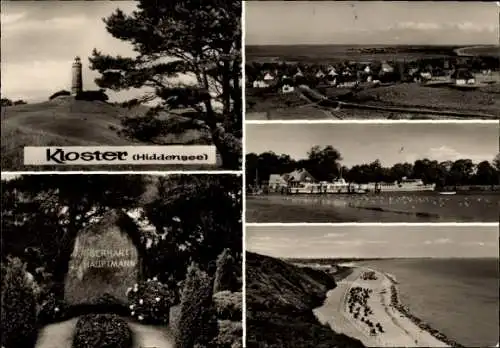 Ak Kloster Insel Hiddensee in der Ostsee, Panorama, Gerhart-Hauptmann-Grabstein, Strand