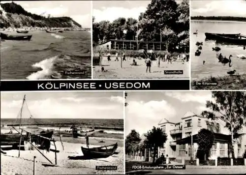 Ak Ostseebad Kölpinsee auf Usedom, Fischerstrand, Strandhalle, FDGB-Erholungsheim Zur Ostsee