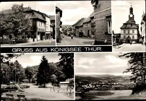 Ak Königsee in Thüringen, Cafe Junghans, Schwarzburger Straße, Rathaus, Waldbad, Blick vom Gebörne