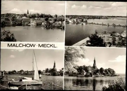 Ak Malchow in Mecklenburg, Gesamtansicht, Segelboot, Kirche, Damm mit Straße