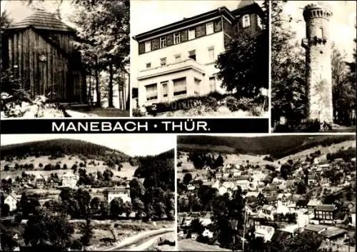 Riesen Ak Manebach Ilmenau Thüringen, Goethehäuschen, FDGB Erholungsheim Freundschaft, Aussichtsturm