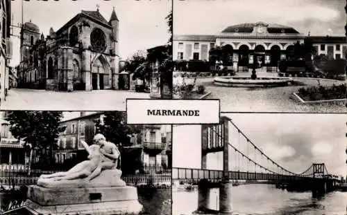 Ak Marmande Lot-et-Garonne, Eglise Notre-Dame, Gare, L'Ete et la Vie, Pont Suspendu sur la Garonne