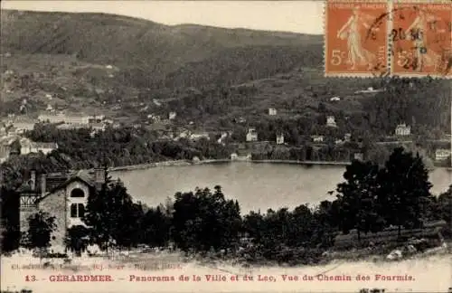 Ak Gérardmer Lothringen Vosges, Panorama de la ville et du Lac, vue du Chemin des Fourmis