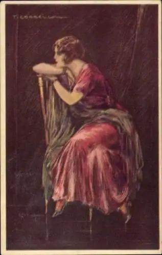 Künstler Ak Corbella, T., Frau im roten Kleid auf einem Stuhl
