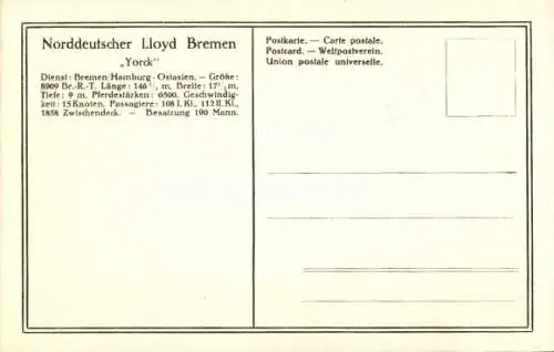 Ak Reichspostdampfer Yorck, Norddeutscher Lloyd Bremen