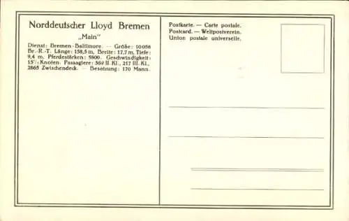 Ak Passagier- und Frachtdampfer Main, Norddeutscher Lloyd Bremen