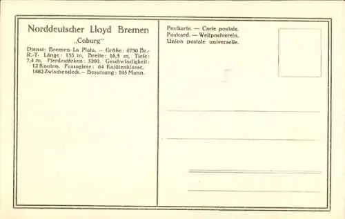 Ak Passagier- und Frachtdampfer Coburg, Norddeutscher Lloyd Bremen