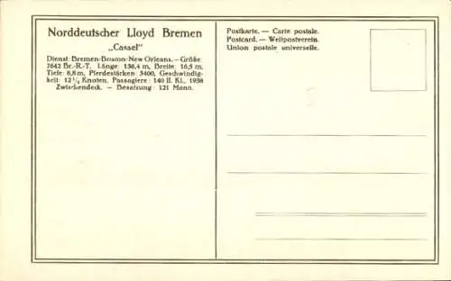 Ak Passagier- und Frachtdampfer Cassel, Norddeutscher Lloyd Bremen