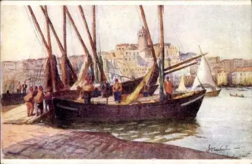 Künstler Ak Konstantinopel Istanbul Türkei, Fischerboot wird ausgeladen