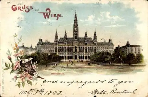 Litho Wien 1. Altstadt, Blick auf das Rathaus, Wappen