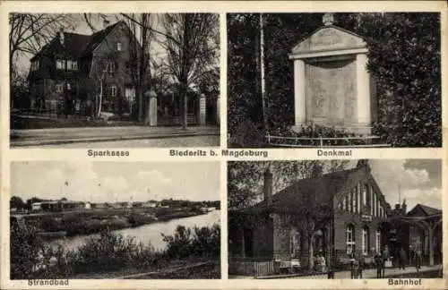 Ak Biederitz in Sachsen Anhalt, Sparkasse, Denkmal, Bahnhof, Strandbad