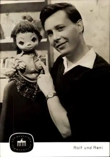 Ak Schauspieler Wolfgang Hübner, Rolf und Reni, Handpuppe, DDR Deutscher Fernsehfunk