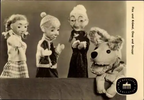 Ak Unser Sandmännchen, Flax und Krümel, Oma und Struppi, DDR Kinderfernsehen, G 6115