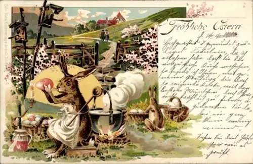 Litho Glückwunsch Ostern, Osterhase, Kessel, Ostereier