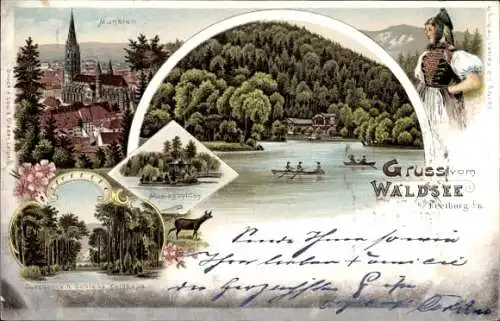 Litho Waldsee Freiburg im Breisgau, Münster, Schloss Karthaus, Musikpavillon, Frau in Tracht