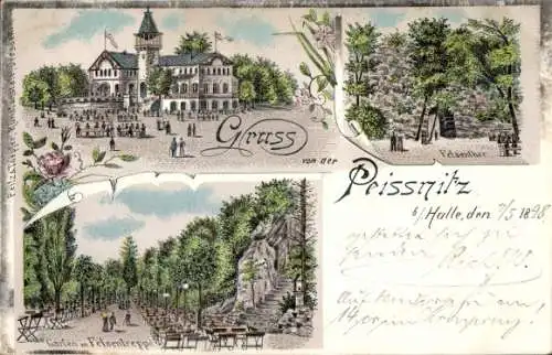 Litho Halle an der Saale, Peissnitz, Gastwirtschaft, Felsentor, Garten, Felsentreppe