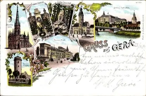 Litho Gera in Thüringen, Schloss Osterstein, Liebe-Denkmal, Rathaus, Johannis-Kirche