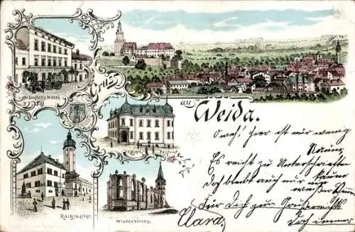 Litho Weida im Kreis Greiz Thüringen, Ratskeller, Bräunlichs Hotel, Kaiserl. Postamt, Wiedenkirche