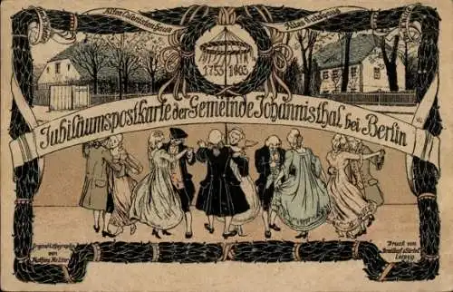 Litho Berlin Treptow Johannisthal, Jubiläumspostkarte 1753-1903, Tanzende Menschen, Gutshaus