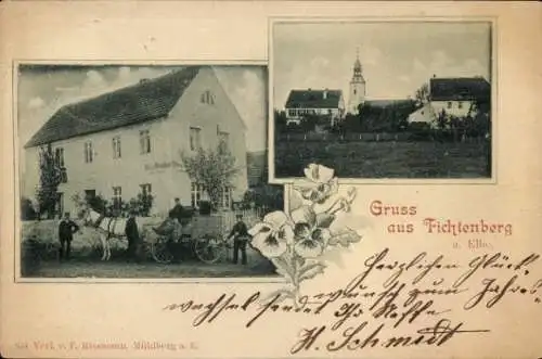 Ak Fichtenberg Mühlberg an der Elbe, Kirche, Gasthaus, Kutsche