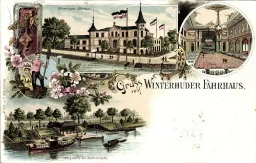 Litho Hamburg Nord Winterhude, Winterhuder Fährhaus, Saal, Anlegestelle der Alsterdampfer