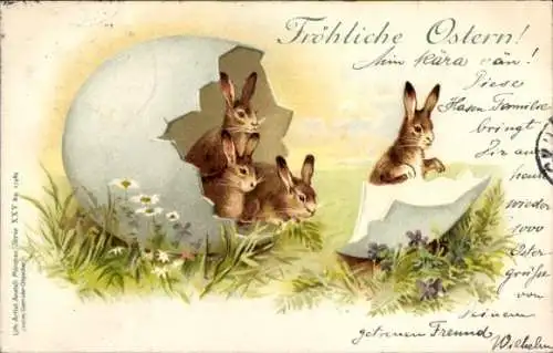 Litho Glückwunsch Ostern, Eierschale, Osterhasen