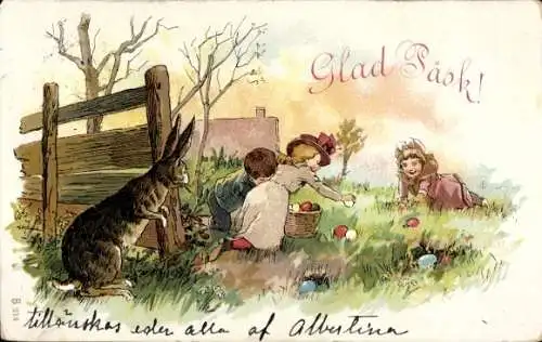 Litho Glückwunsch Ostern, Kinder, Ostereier, Osterhase