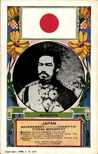 Ak Kaiser Meiji von Japan, Porträt, Japanische Fahne