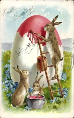 Präge Litho Glückwunsch Ostern, Hasen bemalen ein Osterei