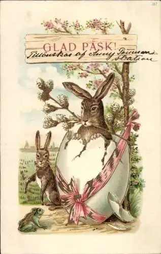 Präge Litho Glückwunsch Ostern, Osterhasen, Osterei, Frosch, Weidenkätzchen