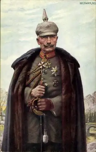 Künstler Ak Fischer, Kaiser Wilhelm II., Portrait in Uniform, Mantel, Pickelhaube