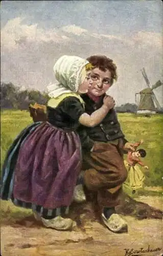 Künstler Ak Gerstenhauer, Johann Georg, Kinder in niederländischer Volkstracht, Puppe, Windmühle