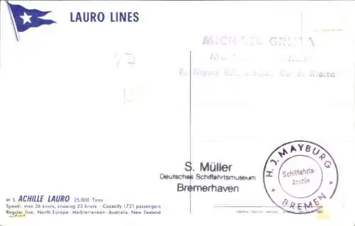 Künstler Ak Stor, H., Passagierschiff MS Achille Lauro, Lauro Lines