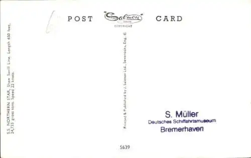 Ak Shaw Savill Line, Passagierschiff S.S. Northern Star, Ansicht Backbord