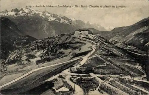 Ak Lanslebourg Savoie, Route de Modane, Fort Marie-Christine, Massif des Sarrazins