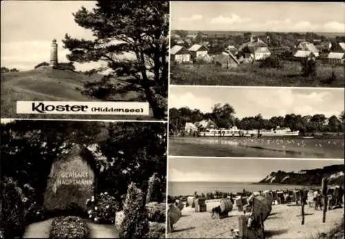 Ak Kloster Insel Hiddensee in der Ostsee, Panorama, Gerhart-Hauptmann-Grabstein, Strand