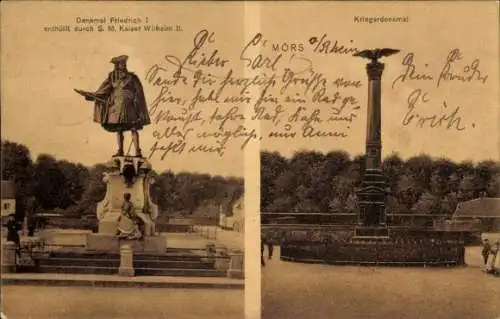 Ak Moers am Niederrhein, Denkmal Friedrich I enthüllt durch S.M. Kaiser Wilhelm II, Kriegerdenkmal