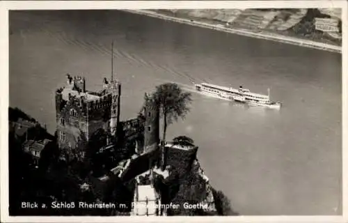 Ak Bingen am Rhein, Blick auf Schloss Rheinstein, Dampfer Goethe