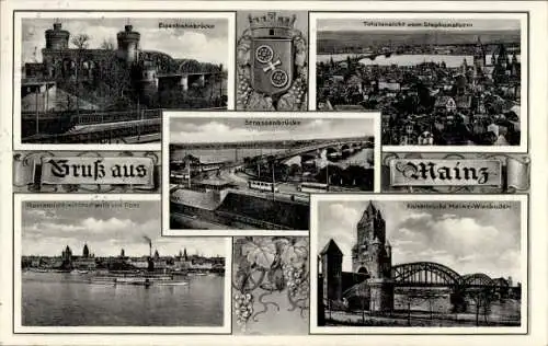 Ak Mainz am Rhein, Eisenbahnbrücke, Totalansicht vom Stephansturm, Wappen, Straßenbrücke