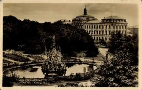 Ak Erlangen in Mittelfranken Bayern, Schlossgarten mit Hugenottenbrunnen und Kollegienhaus