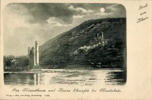 Ak Bingerbrück Bingen am Rhein, Mäuseturm, Ruine Ehrenfels, Mondschein