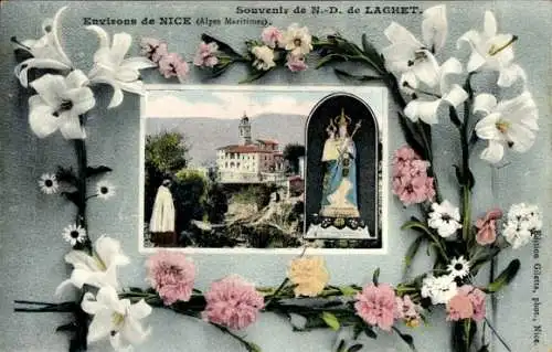 Ak Trinite Alpes Maritimes, Notre Dame de Laghet, Blumen, Maria mit Kind