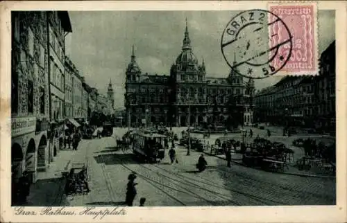 Ak Graz Steiermark, Hauptplatz, Rathaus, Herrengasse, Straßenbahn