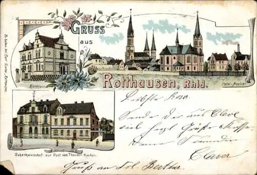 Litho Rotthausen Gelsenkirchen Westfalen, Kirche, Rathaus, Schankwirtschaft zur Post