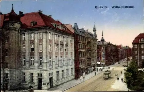 Ak Gliwice Gleiwitz Oberschlesien, Wilhelmstraße, Straßenbahn